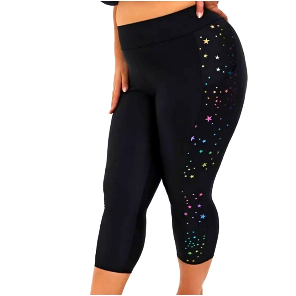 Torrid Plus Active High-Rise Swim Capri Legging RAINBOW STARS w/pockets, Size 0